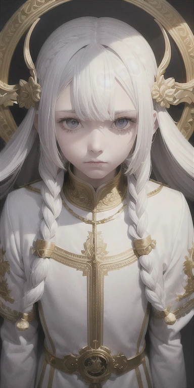 best qualityer, work of art,White hair, gold eyes,white  clothes, looking up, trunk,lock of hair,skin fair,side braids, naughty man, male, 8K