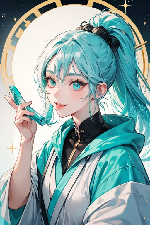 She is a grey Chinese girl hamster with a light grey stripe , a white nuzzle, a black nose, her tongue sticking out, and turquoise hair tied into a ponytail She wears turquoise glasses with a light turquoise rim. SPARKLE; GLITTER
