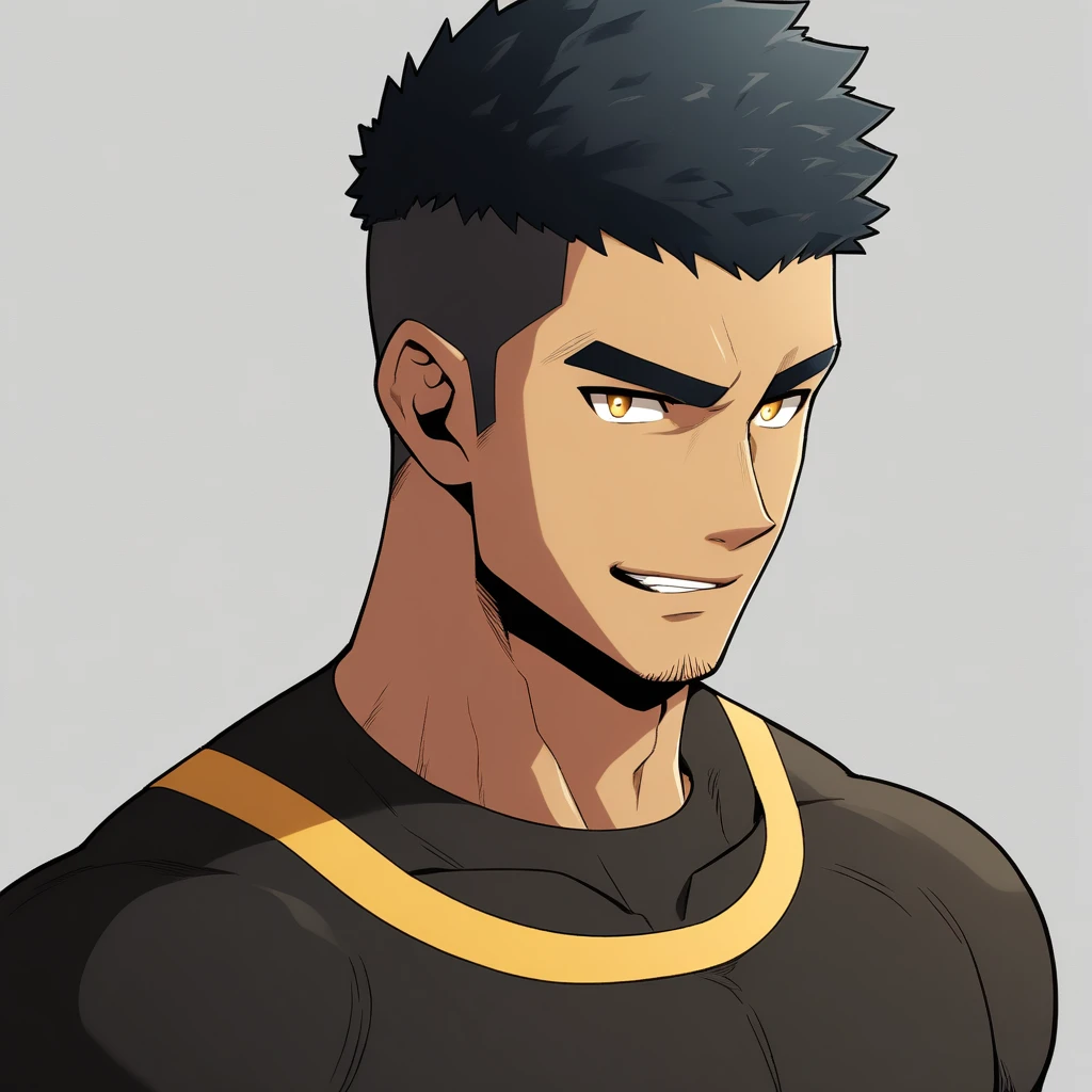 anime characters:Gyee, Young Muscle Sports Student, negro black skin, Buzz Cut, Manliness, male focus, Dark yellow 高领 long sleeve tight T-shirt, Slightly transparent texture, Very tight, Slightly transparent, muscular male, muscular, only, Upper body, alone, Black short hair, Thick eyebrows, stubble, Yellow eyes, Grey background, simple background, amazing quality, best aesthetics, Ridiculous, bright pupils, crew cut, parted lips, seductive smile, torogao, naughty face, best quality