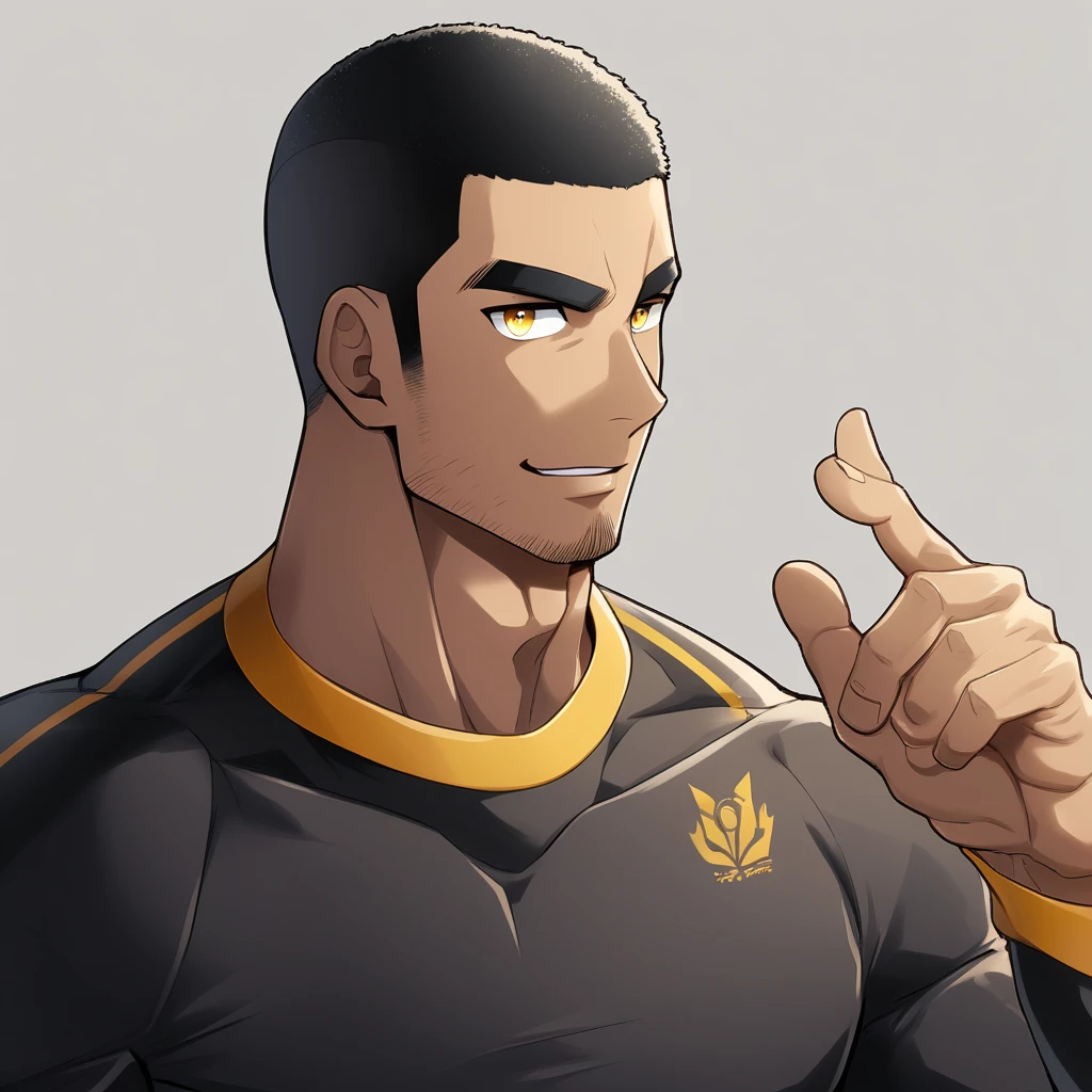 anime characters:Gyee, Young Muscle Sports Student, negro black skin, Buzz Cut, Manliness, male focus, Dark yellow 高领 long sleeve tight T-shirt, Slightly transparent texture, Very tight, Slightly transparent, muscular male, muscular, only, Upper body, alone, Black short hair, Thick eyebrows, stubble, Yellow eyes, Grey background, simple background, amazing quality, best aesthetics, Ridiculous, bright pupils, crew cut, parted lips, seductive smile, torogao, naughty face, best quality