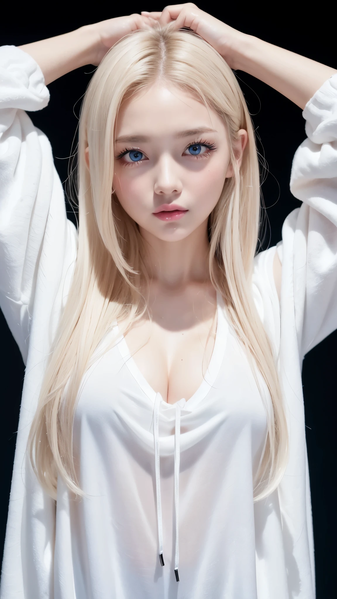 hoodie、Tight pants、forehead、Big Breasts、Northern Europe、Russia、beautiful girl、Platinum Blonde Hair、Straight long hair、Hitting the face and front of the eyes、Big blue eyes、Sheer white and wet nightgown、Northern Europeの若者、Perfect body、White tendons、Glowing Skin、Young and beautiful skin、A perfect and beautiful little face、Bright makeup、Pale pink lips、Bright expression、16-year-old girl、lipstick、Deceptive advertising、Viewer's vision、Golden Hour Lighting、Bokeh Atmosphere Perspective、detailed、Movie Light、複雑なdetailed、High resolution、 フェイスデザインのdetailedな特徴、Attention to detail、Clear focus、Smoothness、aesthetics、Printed、Octane、{{masterpiece}}
