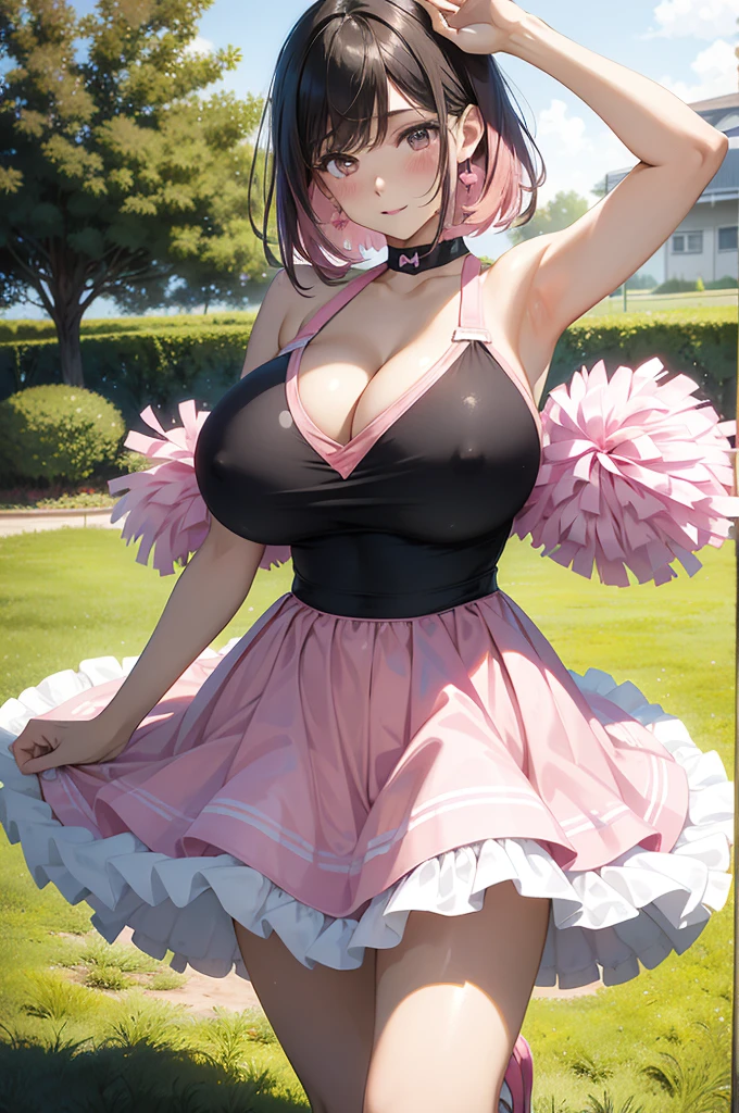 an illustration of a girl dressed in a cheerleading outfit poses for the camera in a yard, 1girl, solo, pom pom (cheerleading), cheerleader, pink footwear, brown hair, shoes, pink skirt, realistic, arm up, absurdists, 8K, High resolution, Ultra-detail, Beautiful, masutepiece, Best Quality, Very pretty woman, young, Black hair, (pink revealing dress:1.5), sexly, (Very big breasts:1.5), (Short hair:1.1) Detailed female face, Very attractive,
