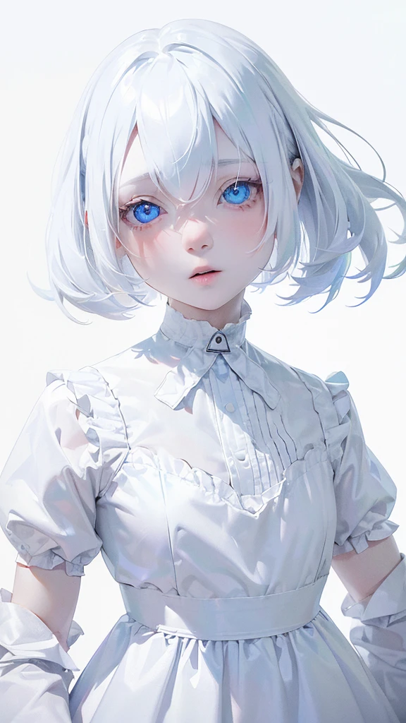 (((White Background:1.3)))、(((1 albino girl、Cute face、pretty girl))), 16 years old,(((The eyes are white:1.3)))、White Dress、((White shirt:1.3、White Block Dress)), Tyndall effect, Realistic, Shadow Studio,ultramarine、illumination, デュアルトーンillumination, (Skin with attention to detail: 1.2)、薄暗いillumination、暗いillumination、 photograph, High resolution, 4K, 8K, Background Blur,Beautiful fade out、White world、White Background