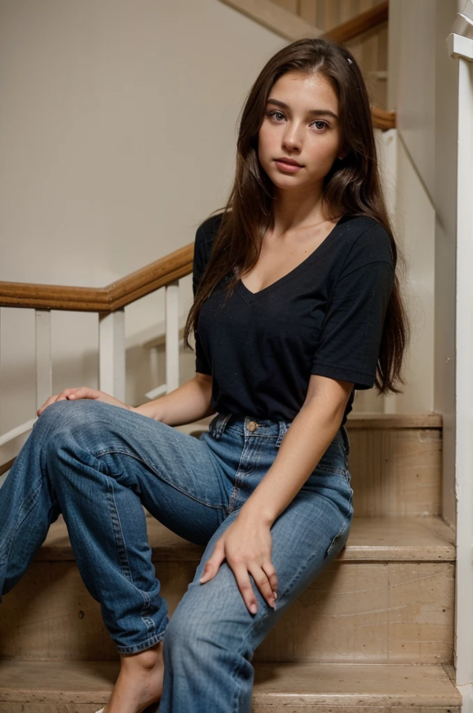 generate me a hyper-realistic image of an 18 year old girl of European and American descent with perfect, well lined eyes and brown eyes, with brown hair, beautiful delicate lips and a thin, upturned nose, straight hair, a height of one meter and 60 centimeters, bust size L, beautiful exercised legs and she is sitting on the stairs in front of her 4 story house and is wearing a full length blue jean pant that covers all her legs attached with a black polo shirt with no design and a V-neck.