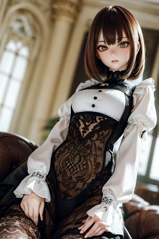 photorealistic, realistic photo, ((highest quality)), ((masterpiece)), (extremely detailed), kukolnydom, doll, (mature woman:1.6), solo, ((cowboy shot)), (skinny, slender, slim, brown hair, medium hair, sitting on sofa, reclining on sofa), detailed face, green eyes, parted lips, (looking down, blank stare, empty eyes, detailed eyes:1.3), ascot, puff sleeves, castle, 8k