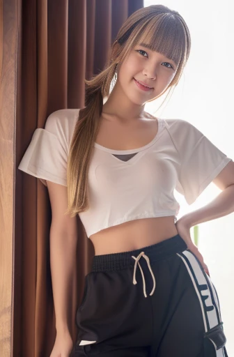 ((medium shot)),(white cropped t-shirt ,Kahki cargo pants,sneakers),(entrance of lovehotel), japanese lady, pale skin, droopy eyes, 28 year old,(dark Blonde short side ponytail with side bangs:1.3),standing, high quality:1.3, shoot from below,Professional lighting:2.0 realistic:1.2, 4k resolution, detailed skin, masterpiece:1.1,smile,(Slender body),(athlete:1.2),(nipples poking through clothes:1.1),camel toe, MagMix Girl,