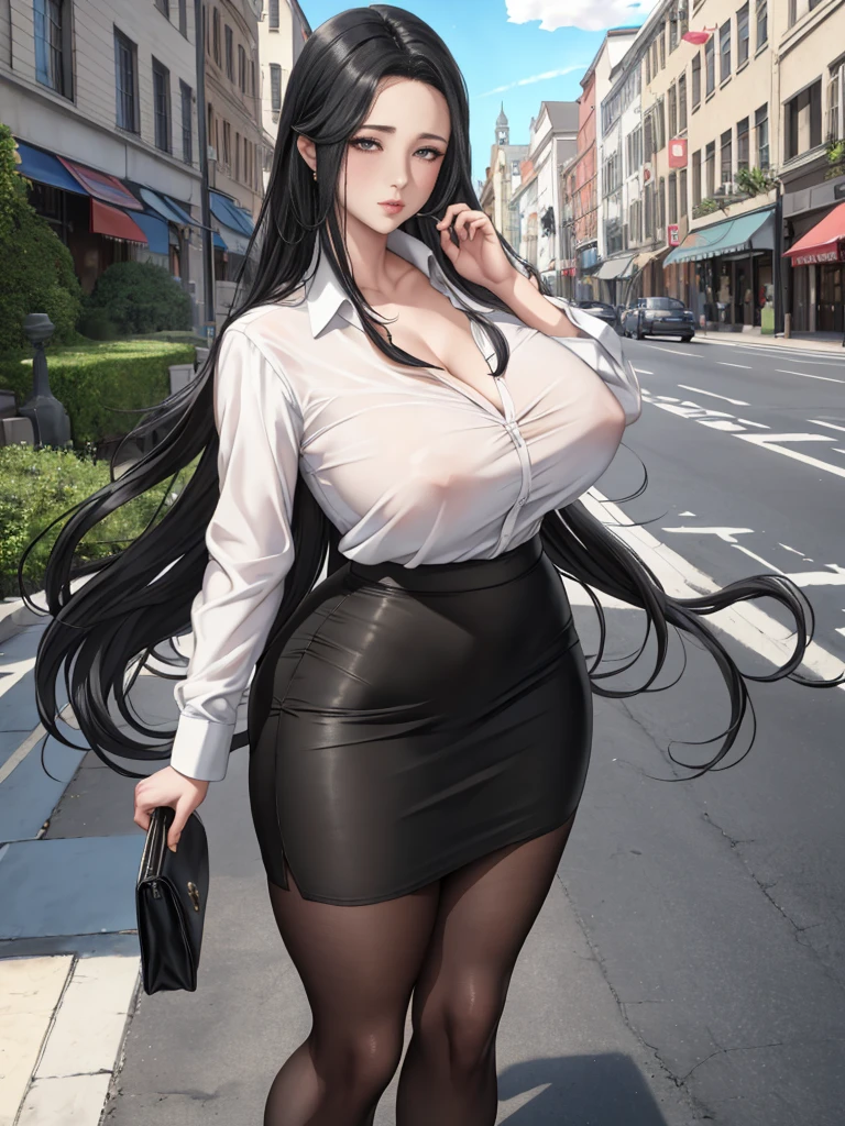 (8k, RAW photo, The best quality, Masterpiece:1.2),1girl,only,mature female,long hair,black hair, old,neckline,White shirt,pencil skirt,black pantyhose,outdoor,looking at the viewer,Standing, BLUSH, drunk