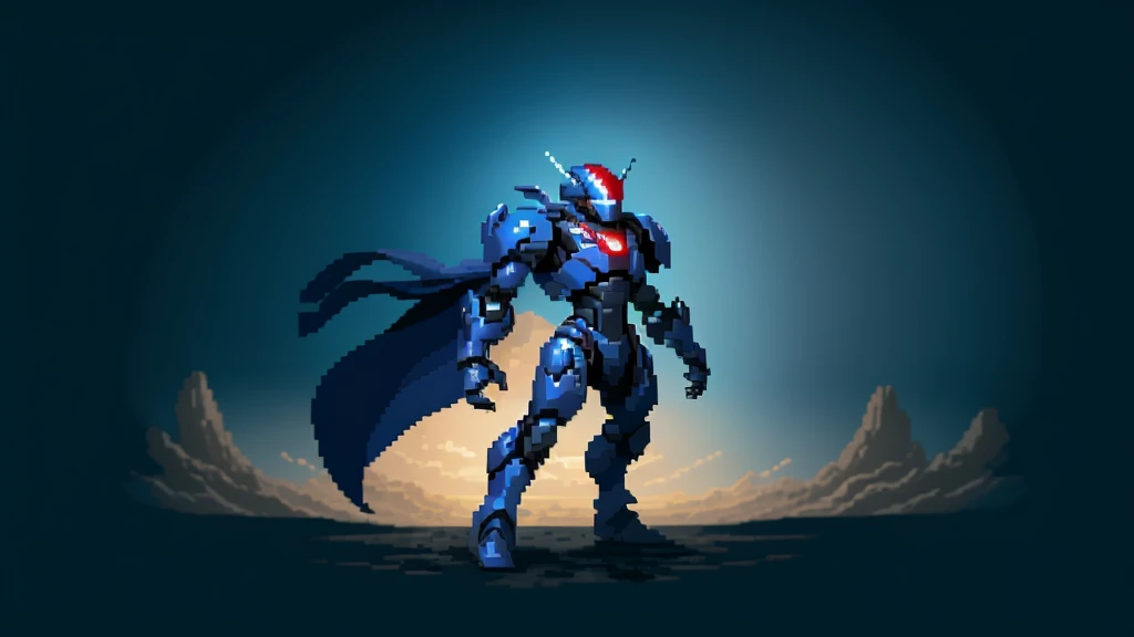 pixel art, humanoid dark blue mecha robot character with giant limbs using a cloak and floating like ironman, from sidescroller game