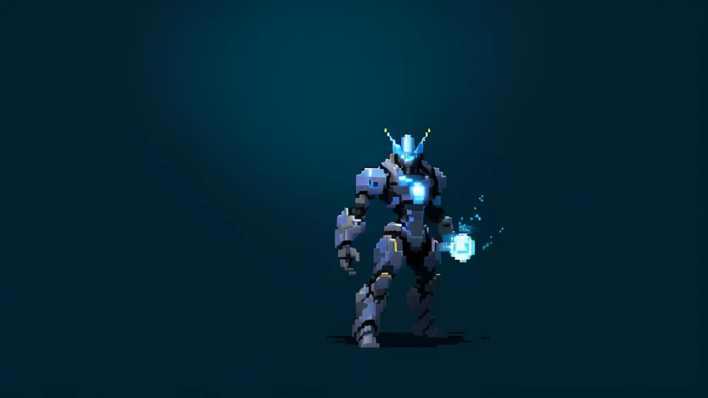 pixel art, humanoid dark blue mecha robot character with giant limbs using a cloak and floating like ironman, from sidescroller game