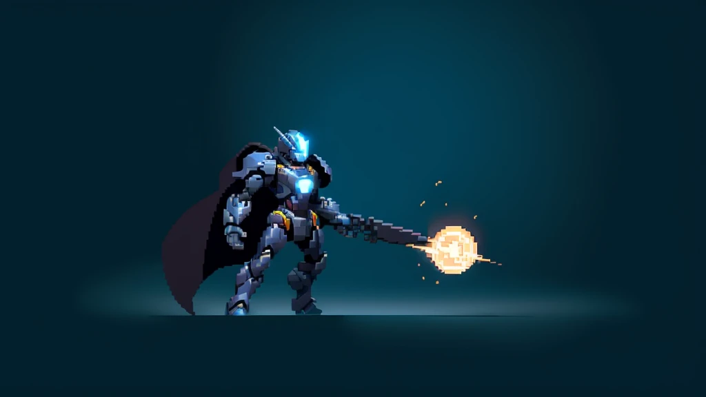 pixel art, humanoid dark blue mecha robot character with giant limbs using a cloak and floating like ironman, from sidescroller game