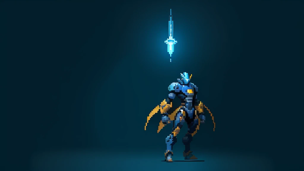 pixel art, humanoid dark blue mecha robot character with giant limbs using a cloak and floating like ironman, from sidescroller game