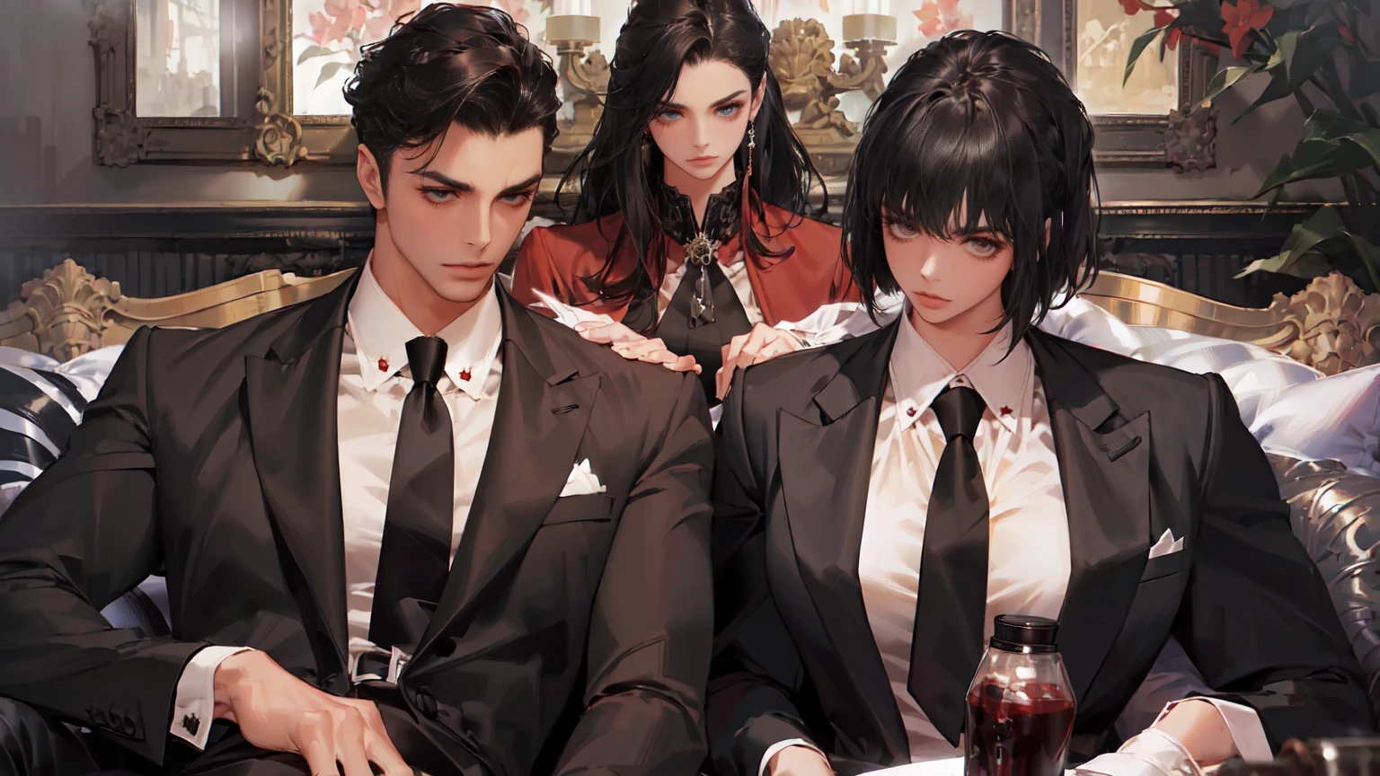 (Masterpiece, Best Quality, Ultra High Resolution , Digital Art,Beautiful and Aesthetic )Perfect proportions of the body , not an ordinary perspective . .the whole body is covered by clothes. (strict posture , 1 WOMAN in modern men's suit, with a short oblique bob heircut, sexy figure, )  matte black color , lovely thin white but long tie , (silk thick threads of red color connect the necklines on the sides of the whole suit) , . The character sits on a large massive sofa with lots of leather , an interesting and atmospheric pose that characterizes the character ,(Photorealistic style combined 2.5D . realistic ??????? , beautiful perspective . Best image quality , pastel color , focus on the face , Big Hair ( black with red gelding ) , well detailed eyes , detailed background in modern boudoir style . )