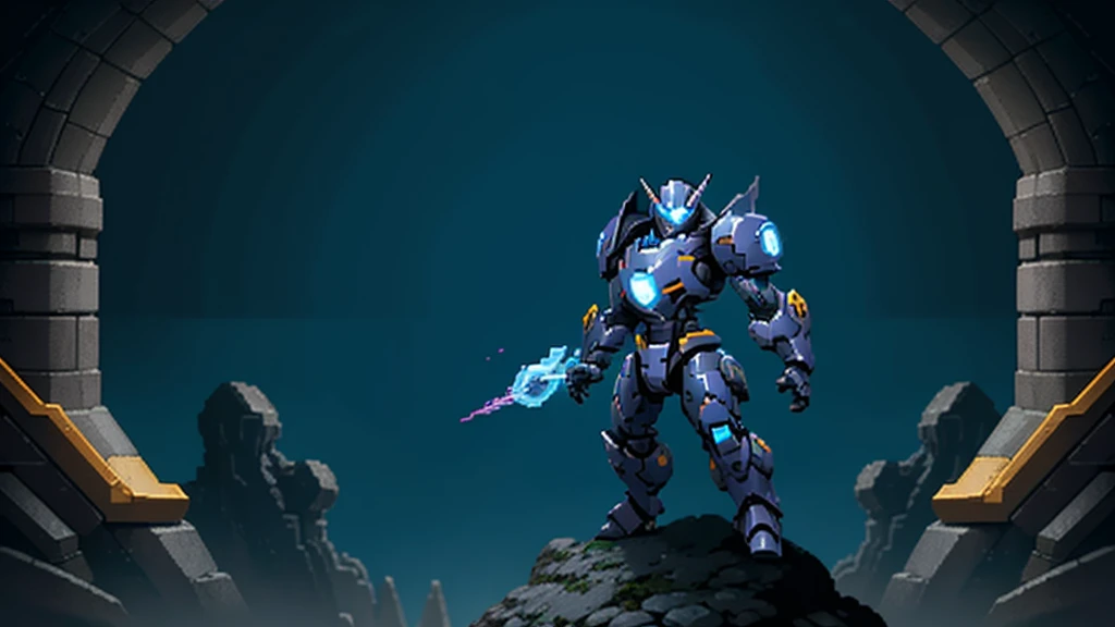 humanoid dark blue mecha robot character with giant limbs using a cloak and floating like ironman, from sidescroller game