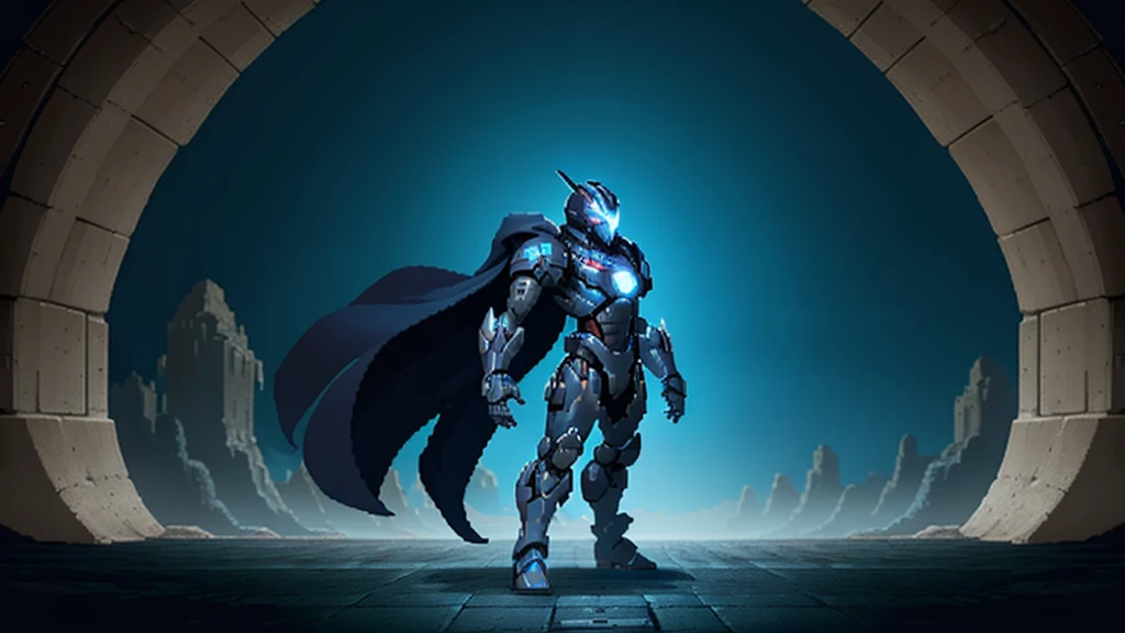 humanoid dark blue mecha robot character with giant limbs using a cloak and floating like ironman, from sidescroller game