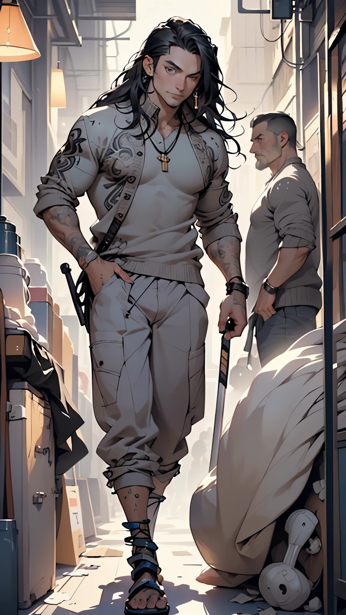 (male:1.5), muscle, 1boy, big muscle, pectoral, muscular, Mature man,45 year old man,adult,1 man, old macho man,an extremely detailed face, ((black_eyes:1.3))),intricate eyes,beautiful detailed eyes,symmetrical eyes,modern very long hair,(((black very long hair))), large hair,perfect face, nice hair style,manly, very manly man((detailed face)),
smile,
(ultra-detailed:1.3), beautiful detailed glow, finely detailed,ultra-detailed,
((((man with crutches,cripple,elegant,elegant crutches,arabian crutches,crippled,lame,invalid man,walk with crutches,walk with cane,arabic stick)))),
(sweater, arabian fashion,arabian gray sweater,gray sweater, jeans,white shirt, masculine features, modern style,arabian clothes),(((arabian sweater, arabian gray sweater outfit, wearing a arabian gray sweater:1.3,arabian arabian gray sweater))),(arabian jewelry,intricate necklace),((bulge in pants)),(((intricate outfit,intricate clothes,ornate outfit))),
(dynamic pose:1.0),embarrassed,(centered,scale to fit dimensions,Rule of thirds,cowboy shot),
indoors,(huge columns of an Arab palace,arab palace,arab palace background),scenery,extremely scenery,arab style,
(Glossy winter ornaments),highres,sharp focus,(ultra detailed,extremely detailed),(photorealistic artwork:1.37),(extremely detailed CG unity 8k wallpaper),(((vibrant colors,vibrant theme))),(intricate),(masterpiece),(best quality),artistic photography,(photography taken by sldr),(intricate background),perfect rendered face,perfect face details,realistic face,photo realistic,((intricate detail)),(((realism))),