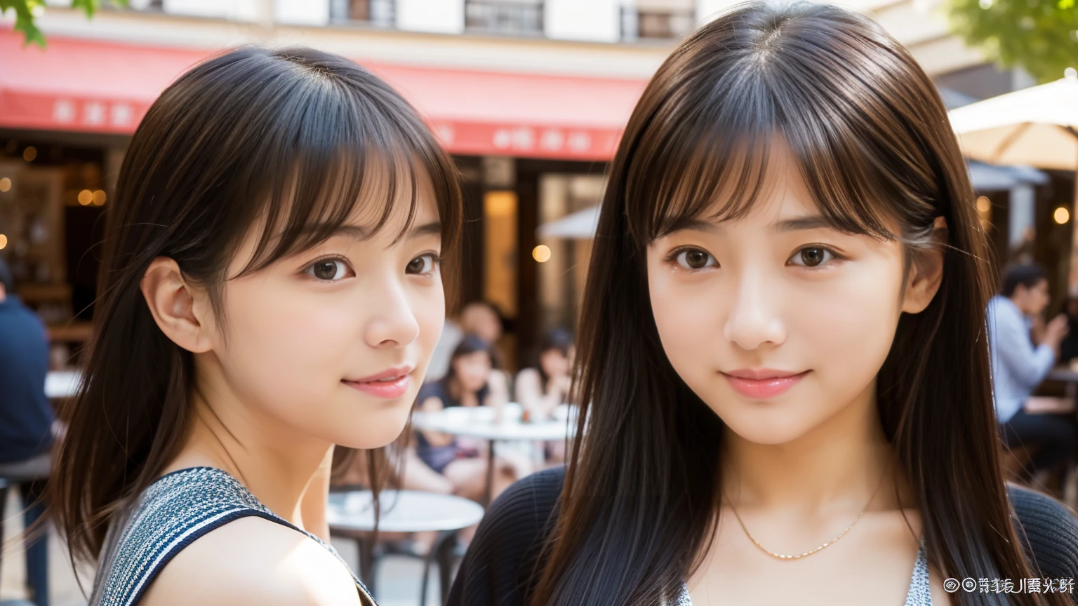 Ultra-realistic、High resolution、High resolution8Kフォトリアリスティック画像。Scenes of Japanese sisters who look completely different。My sister is big, Beautiful Face, Long black hair.、Kind eyes、Elegant atmosphere。my sister is short、Has short brown hair.、Lively expressions、She has a baby face and big breasts、Wearing sexy casual clothes.。background, People at an open-air cafe in Paris々sits.。Warm natural light pours in。Both facial details are clearly visible.、If so、everyone&#39;personality。Create photo book-like page layouts。Detailed human skin:1.24