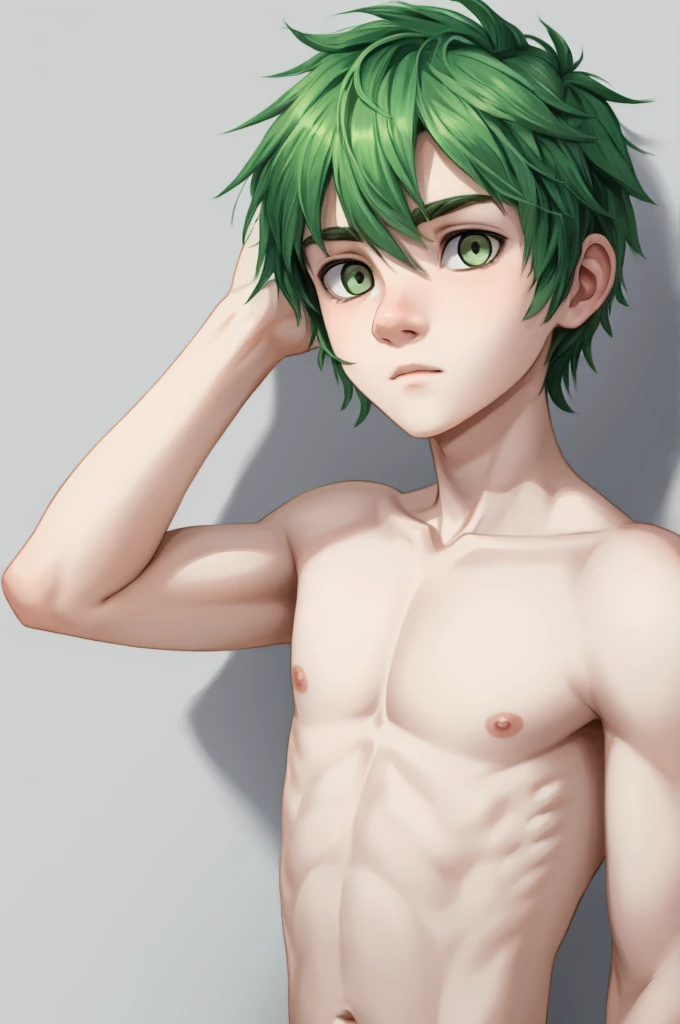 young age man with pale skin, completely WHITE eyes, green hair, no shirt, thin