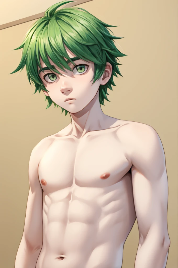 young teenage man with pale skin, completely WHITE eyes, green hair, no shirt, thin