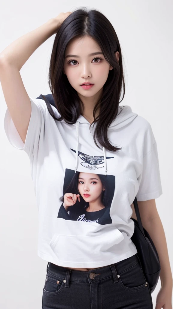 (((forehead、Northern Europe、White people、beautiful girl、Black Hair、White background、T-Shirts、hoodie、skinny pants、long hair)))、table top, highest quality, figure, super detailed, finely, High resolution, 8k wallpaper, Perfect dynamic composition, detailed and beautiful eyes, Deco out,bionde, super big breasts, Natural color lip,white background, random cute poses,