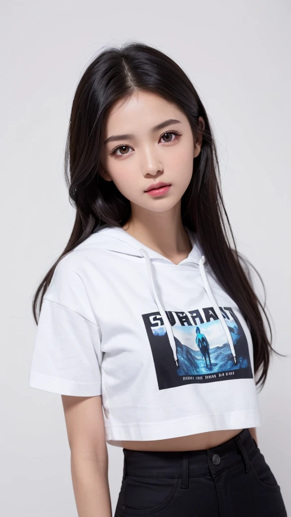 (((forehead、Northern Europe、White people、beautiful girl、Black Hair、White background、T-Shirts、hoodie、skinny pants、long hair)))、table top, highest quality, figure, super detailed, finely, High resolution, 8k wallpaper, Perfect dynamic composition, detailed and beautiful eyes, Deco out,bionde, super big breasts, Natural color lip,white background, random cute poses,