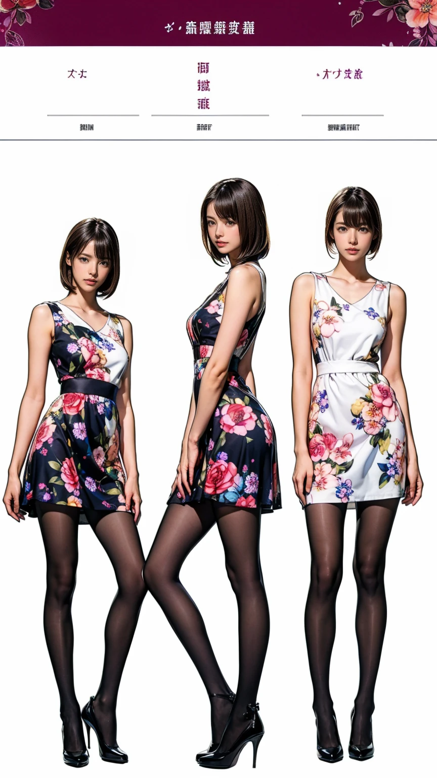 ((masterpiece)),(((Highest quality))),((Character design sheet)),Thin thighs,Long legs,whole body:1.5,(One Girl:1.3),(Black pantyhose and thick pointy heels:1.3),(Wearing a floral dress:1.2),Short Blonde:1.2、Model pose,