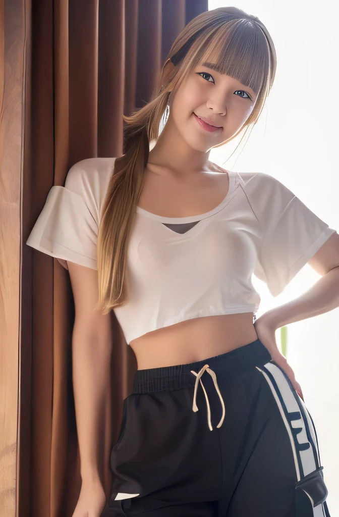 ((medium shot)),(white cropped t-shirt ,Kahki cargo pants,sneakers),(entrance of lovehotel), japanese lady, pale skin, droopy eyes, 28 year old,(dark Blonde short side ponytail with side bangs:1.3),standing, high quality:1.3, shoot from below,Professional lighting:2.0 realistic:1.2, 4k resolution, detailed skin, masterpiece:1.1,smile,(Slender body),(athlete:1.2),(nipples poking through clothes:1.1),camel toe, MagMix Girl,