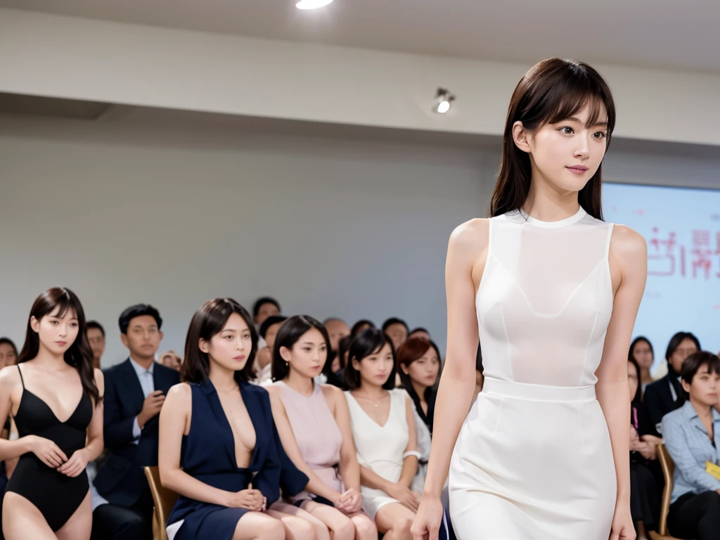 A live-action photo of an extremely beautiful Japanese high school girl race queen who highlights her large breasts and beautiful legs.、Photographed walking down the runway at a fashion show wearing the latest BRADELIS New York lingerie.、She is an eternal idol who combines a clean look with modern charm.。 She creates such beauty。 She feels her own warmth。 She creates a warm atmosphere。 We create beauty。 That's what I want to say。 In her full body photo、The figure features porcelain-like skin and golden hair that radiates a soft glow.。 This is probably、It captured the essence of her timeless charm.、This is the best shot ever.。 Each straight line and curve is carefully expressed.、Breathtakingly beautiful with impeccable detail。 This piece perfectly captures her timeless beauty.。 Divine Proportions、Sharp focus、Full-body photo taken by Kishin Shinoyama、high quality、High resolution、Detailed Background