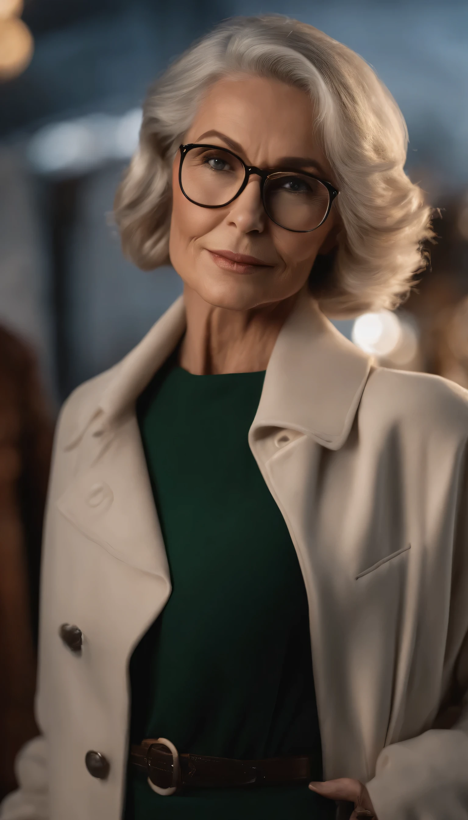 ((60+ years old)), (comely, chic, gracious, wise, chap, worn and well-defined facial features, age lines, wrinkles on her face) Caucasian female model (chics óculos de aro preto, Eyes looking directly at the camera), silver hair (in a voluminous bob hair style), well-toned, curvy body, wearing a Christmas-themed fitted winter coat (that accentuates your hourglass figure, cinched at the waist, flares graciously at the hips) and Christmas-themed costumes and high boots (posh, chic), Halo Lighting Effect, golden glow of the North Pole twilight, dynamic pose), modernized Santa's toy workshop at the North Pole, where technology meets tradition, dynamic angle, (dynamic pose), black outline around it, Acetato 4K, ultra realisitic, Super high resolution, best qualityer, work of art, Depth of field, realisitic, photo-realisitic, cinematic, dynamic lighting, perfectbody, face perfect, perfect hands, detailedeyes, best qualityer, work of art, super verbose, RAW photo with high detail, professional photograpy, ultra detali, color grading, extremely detaild, 8K,perfectbody, face perfect, ((full body shot shot)), widescreen, wide angle, diminished