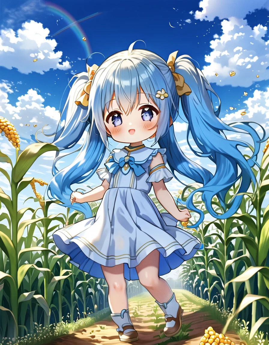 blue sky、White cloud、A field of corn、Light blue long hair、Cute chibi character with twin tails、I&#39;m happy to be surrounded by corn.、A little character is eating corn、A kernel of corn on his cheek、Delicious smile、T-shirt and denim shorts