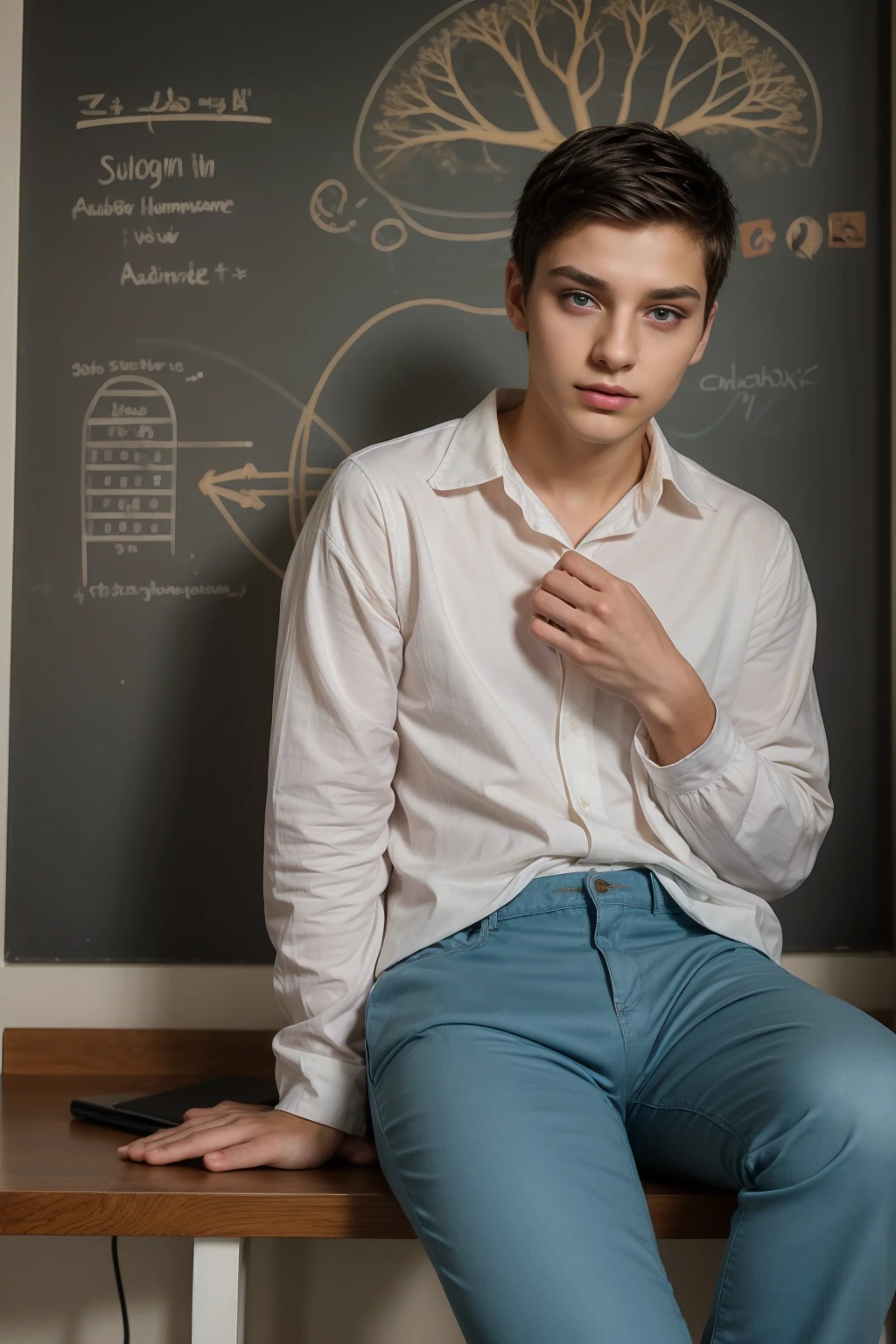 A beautiful young male twink, cute, with black hair and a face with makeup, wearing a bright white long-sleeved shirt and aqua blue pants, and he is in his office, and behind him is a blackboard on which is written the shape of the brain and its anatomy, and nuclear energy comes out of it, and he has a face with makeup and and. His eyes have dark circles under them and he is sitting studying with a huge medical book on surgery. He appears innocent and has a beautiful face with makeup