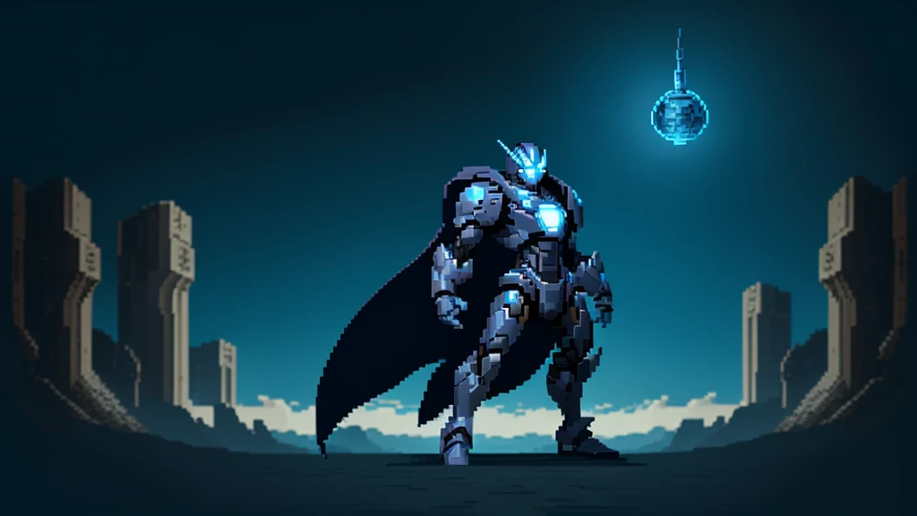 pixel art, humanoid dark blue mecha robot character with giant limbs using a cloak and floating like ironman, from sidescroller game