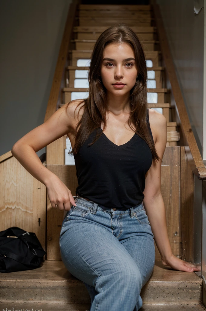 generate me a hyper-realistic image of an 18 year old girl of European and American descent with perfect, well lined eyes and brown eyes, with brown hair, beautiful delicate lips and a thin, upturned nose, straight hair, a height of one meter and 60 centimeters, bust size L, beautiful exercised legs and she is sitting on the stairs in front of her tory house and is wearing a full length blue jean pant that covers all her legs attached with a black polo shirt with no design and a V-neck.