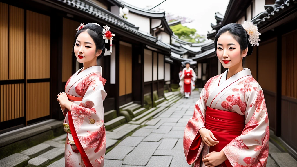 A young maiko (apprentice geisha) in an exquisite traditional kimono, gracefully dancing on a cobblestone street in Kyoto’s historic hanamachi district. The scene is set in the early morning light, with a serene and hopeful atmosphere. The maiko’s kimono features vivid, detailed floral patterns, and she is adorned with traditional white makeup and red lipstick. Her hair is styled in an intricate coiffure with beautiful kanzashi hairpins. Around her, the street is quiet, lined with old wooden machiya houses, with cherry blossoms gently falling in the background. The overall image captures the beauty and dedication of her journey, blending tradition with dreams.