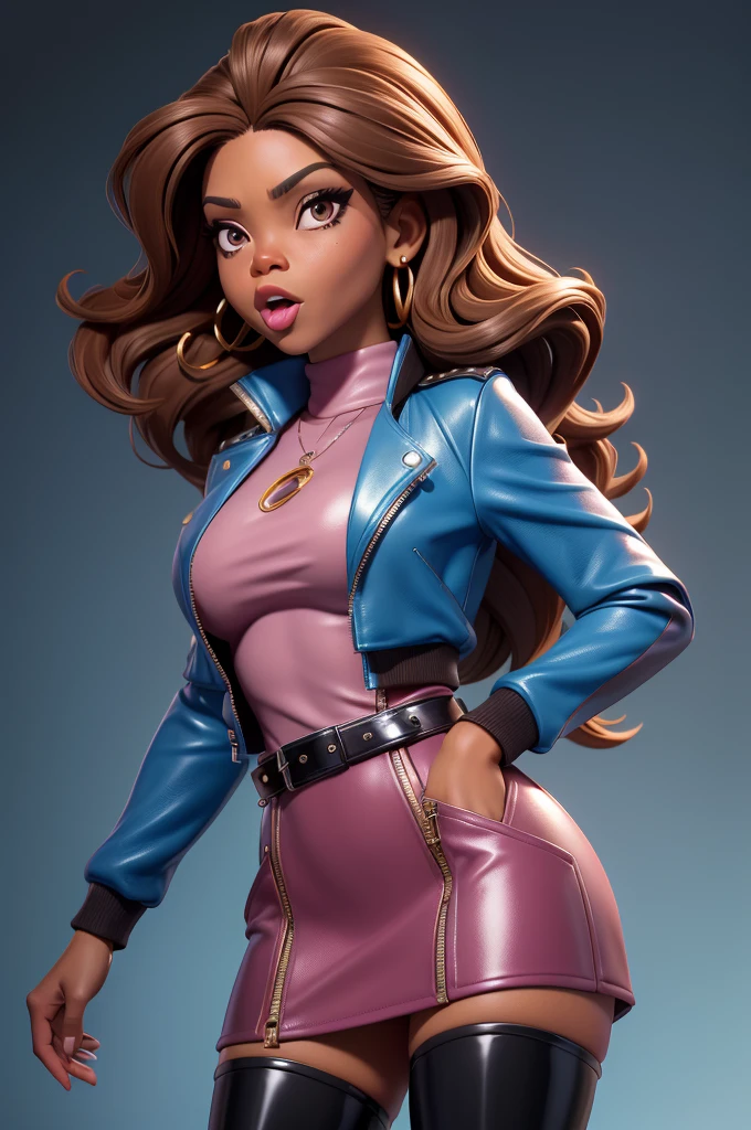 obra prima, melhor qualidade, ((only one woman,)) ((sunny hostin, dark skin, permed light brown hair,)) head back, (frown, sassy wicked sultry sneer, open mouth, pucker mouth,) sunglasses, thick smoky black eye shadow, long fake eyelashes, sticking tongue out, ((magenta leather jacket with puff shoulder,)) biker jacket has stiff collar, leather blouse, ((gold silver leather sweater dress, metallic leather sun dress, leather culottes,)) periwinkle blazer length leather coat, ((cerulean blue pvc skirt, pockets, zipper side,)) studs zippers snaps, shiny leather gloves, nip slip, body is skinny, shiny tight buttocks, arched back, camera view of whole body, looking up at me, shallow depth of field, highres, HD, 8k, anatomically correct