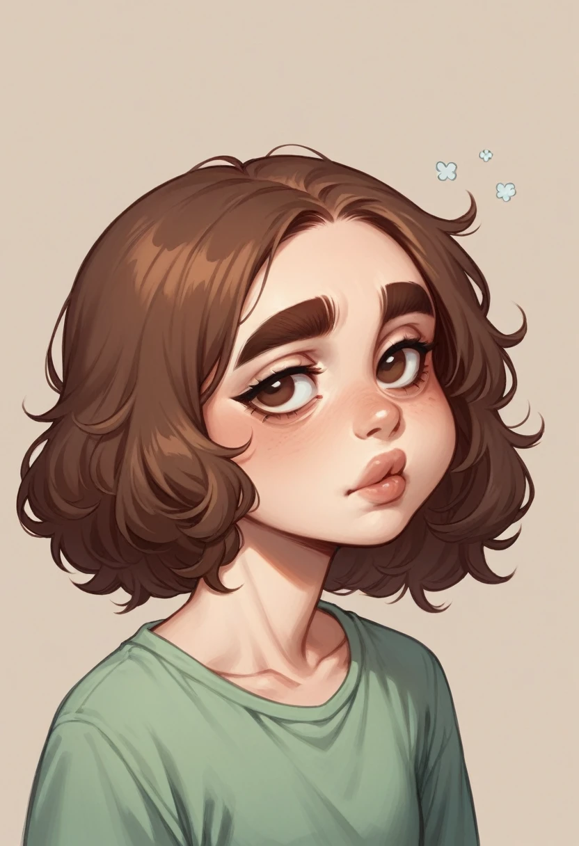 Make me a Blythe doll with straight wavy reddish brown hair, with brown eyes, thick lips, parts, no bangs, thick eyebrows and sleepy eyes