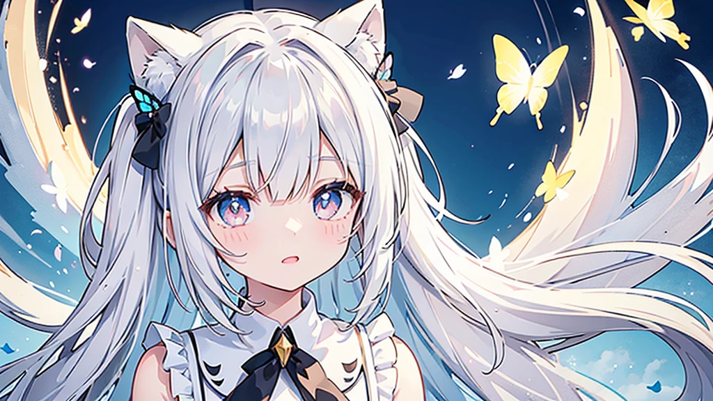 ((Highest quality)), ((masterpiece)), (Become familiar with), Perfect Face ((Highest quality)), ((masterpiece)), (Become familiar with), 完璧な Perfect Face 身長が低く、、The image depicts a character in an anime or manga style. The character is a young girl with long, silver hair that has black tips. She has a single, expressive eye with reddish-brown pupils. Her attire consists of a dark dress adorned with light-colored bows and frills, including a butterfly-shaped bow near her collar. The background is abstract, featuring shades of blue and white, resembling a dreamlike sky. There are geometric shapes resembling crystals or gems, as well as petals, crescent moons, and butterflies floating around the character. The overall atmosphere of the image is one of gentle fantasy and wonder.