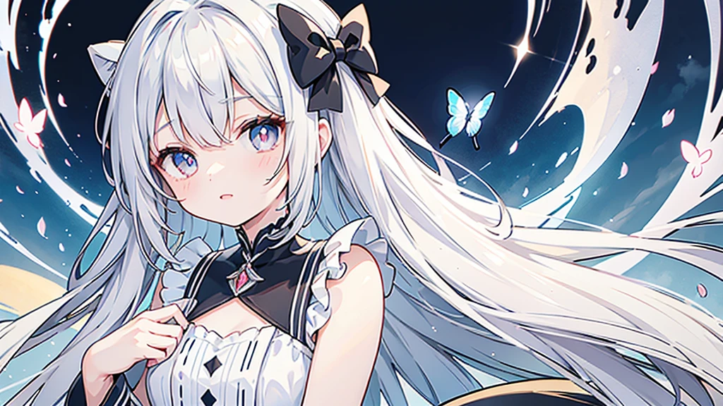 ((Highest quality)), ((masterpiece)), (Become familiar with), Perfect Face ((Highest quality)), ((masterpiece)), (Become familiar with), 完璧な Perfect Face 身長が低く、、The image depicts a character in an anime or manga style. The character is a young girl with long, silver hair that has black tips. She has a single, expressive eye with reddish-brown pupils. Her attire consists of a dark dress adorned with light-colored bows and frills, including a butterfly-shaped bow near her collar. The background is abstract, featuring shades of blue and white, resembling a dreamlike sky. There are geometric shapes resembling crystals or gems, as well as petals, crescent moons, and butterflies floating around the character. The overall atmosphere of the image is one of gentle fantasy and wonder.