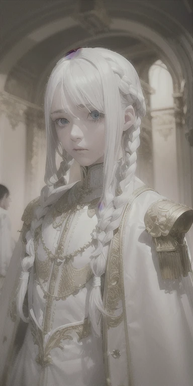 best qualityer, work of art,White hair, gold eyes,white clothes, looking up, trunk,lock of hair,skin fair,side braids, 35 year old man, male, 8K