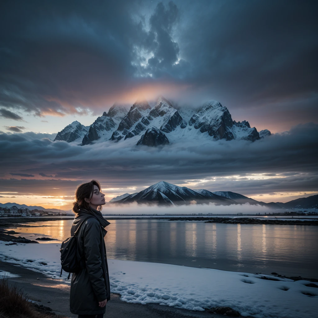 a serene seaside villa nestled amidst dramatic snow-capped mountains, misty atmosphere, vibrant colors, cinematic lighting, photorealistic, 8k, best quality, masterpiece, one person gazing into the distance