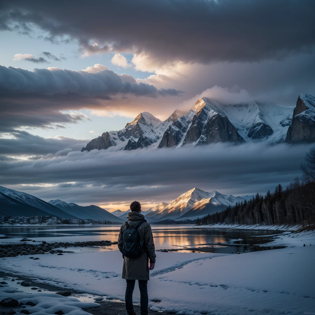 a serene seaside villa nestled amidst dramatic snow-capped mountains, misty atmosphere, vibrant colors, cinematic lighting, photorealistic, 8k, best quality, masterpiece, one person gazing into the distance
