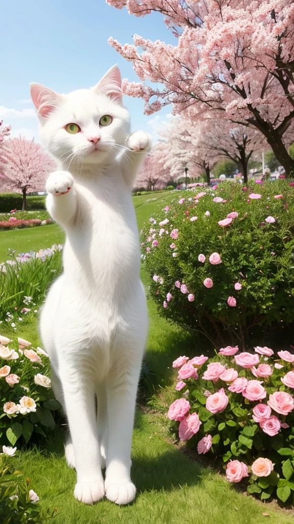 A highly realistic and high-definition photo-like image of a white cat standing on its hind legs. The cat has bright green eyes and a pink nose. The background is a garden with soft, natural lighting, and there are delicate pink flowers around. The cat looks curious and slightly surprised, with its paws slightly outstretched. The image should capture the texture of the cat's fur and the details of the surroundings in a very lifelike manner.