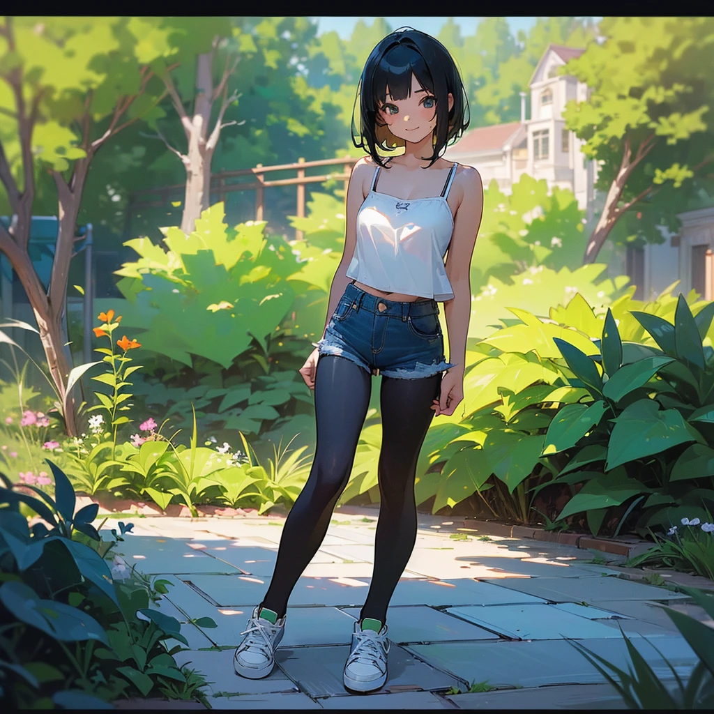 (high quality, High resolution, Very detailed, reality:1.37), Peaceful atmosphere, (Outdoor, garden), Teenage girl standing alone, (my breasts are big.), Beautiful details, Cute Smile, (Black bob hair), camisole, Denim shorts, Black tights, sneakers.
