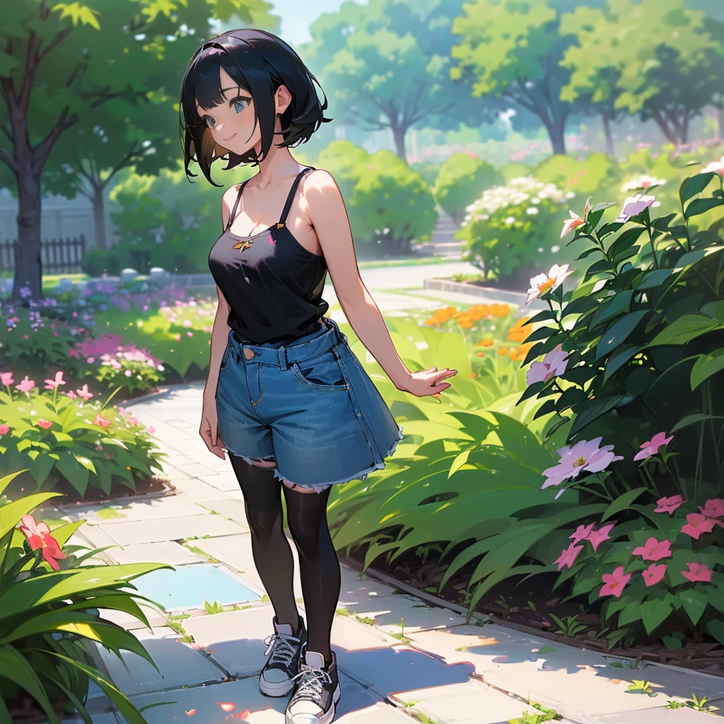 (high quality, High resolution, Very detailed, reality:1.37), Peaceful atmosphere, (Outdoor, garden), Teenage girl standing alone, (my breasts are big.), Beautiful details, Cute Smile, (Black bob hair), camisole, Denim shorts, Black tights, sneakers.