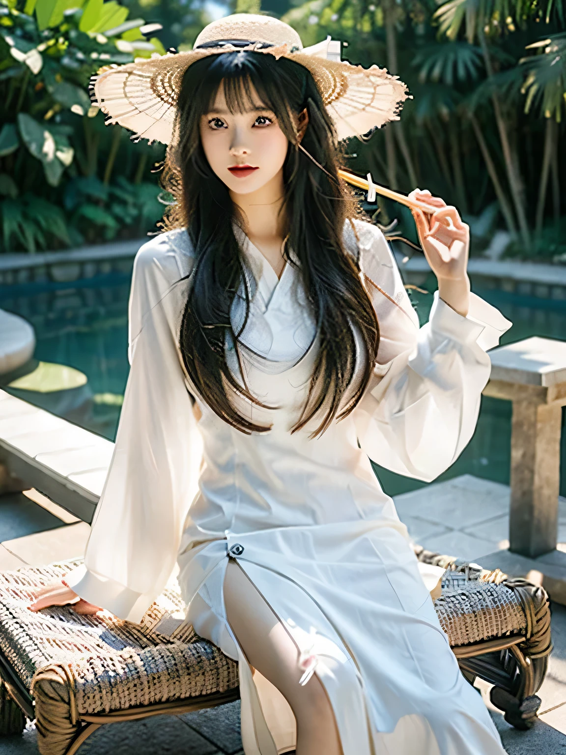 Alafi girl in white dress and straw hat holding a mobile phone, with straw hat, Ethereal and dreamy, Dreamy and ethereal, Dreamy style, ethereal glare of the sun, dreamy and detailed, belle delphine, hot with shining sun, at summer afternoon, Ethereal beauty, lalisa manobal, Very ethereal, ethereal dreamy light, lovely bohemian princess, dreamy hazy