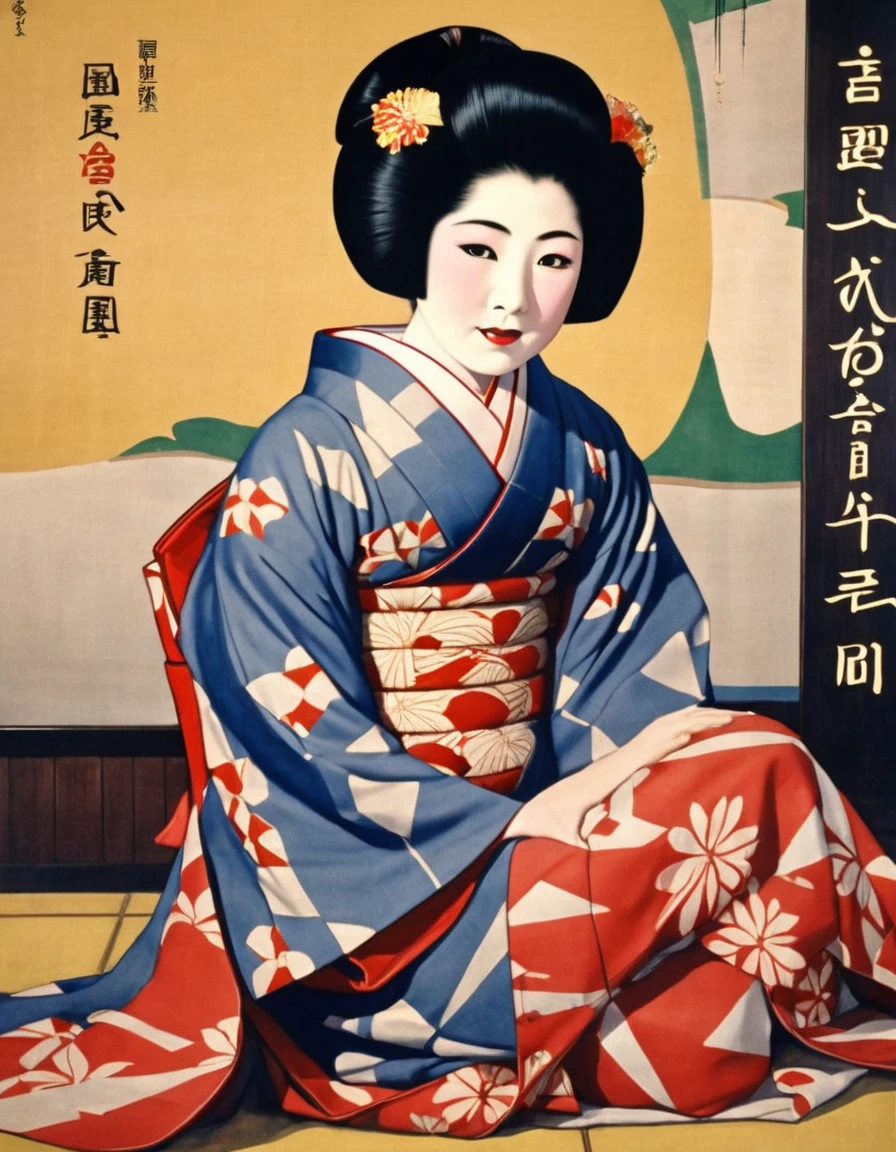 Highest quality、masterpiece、Japanese posters from the 1930s、Realistic、Retro Image、One young geisha、Kimono with geometric pattern、Black Hair、Sitting on the floor of the room、Close-up