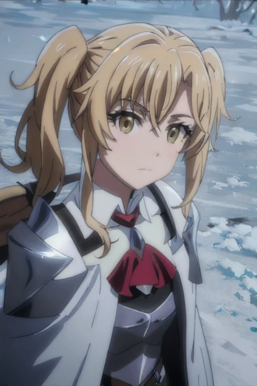 GoblinSlayer, NobleFencer, solo, girl1, looking at viewer, long sleeves, brown eyes, cape, armor, shoulder armor, portrait, red ascot, snow, outdoor, best quality