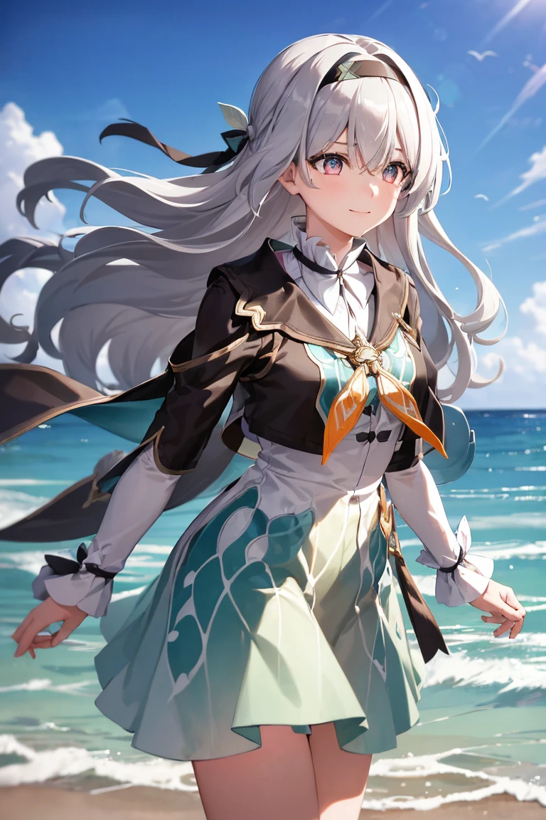 A girl came out of the sea, 1 Girl,Liuying,Gray hair,Bangs,Long sleeve,Hair accessories,Black jacket,Black hair band,high quality,Green Dress,High Leg Raise,skirt, Half a smile, A gentle expression on his face, Background seascape and sunlight, Seagulls in the sky, full length,  Photorealism