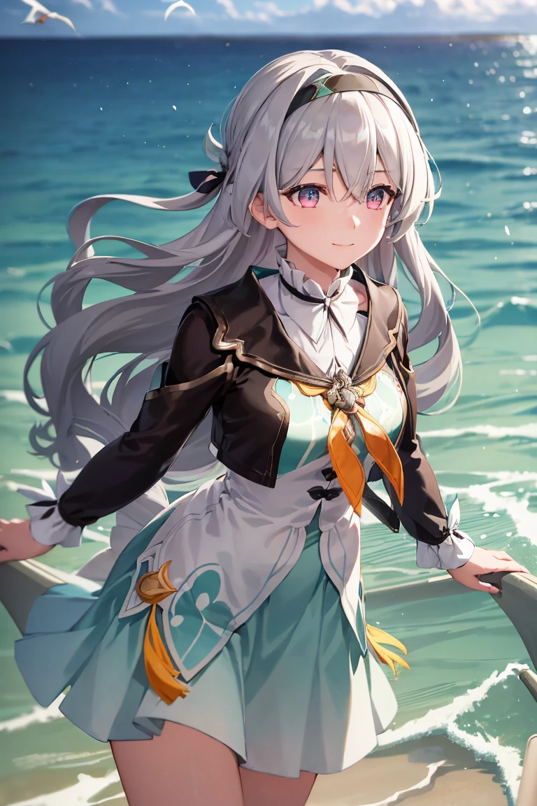 A girl came out of the sea, 1 Girl,Liuying,Gray hair,Bangs,Long sleeve,Hair accessories,Black jacket,Black hair band,high quality,Green Dress,High Leg Raise,skirt, Half a smile, A gentle expression on his face, Background seascape and sunlight, Seagulls in the sky, full length,  Photorealism