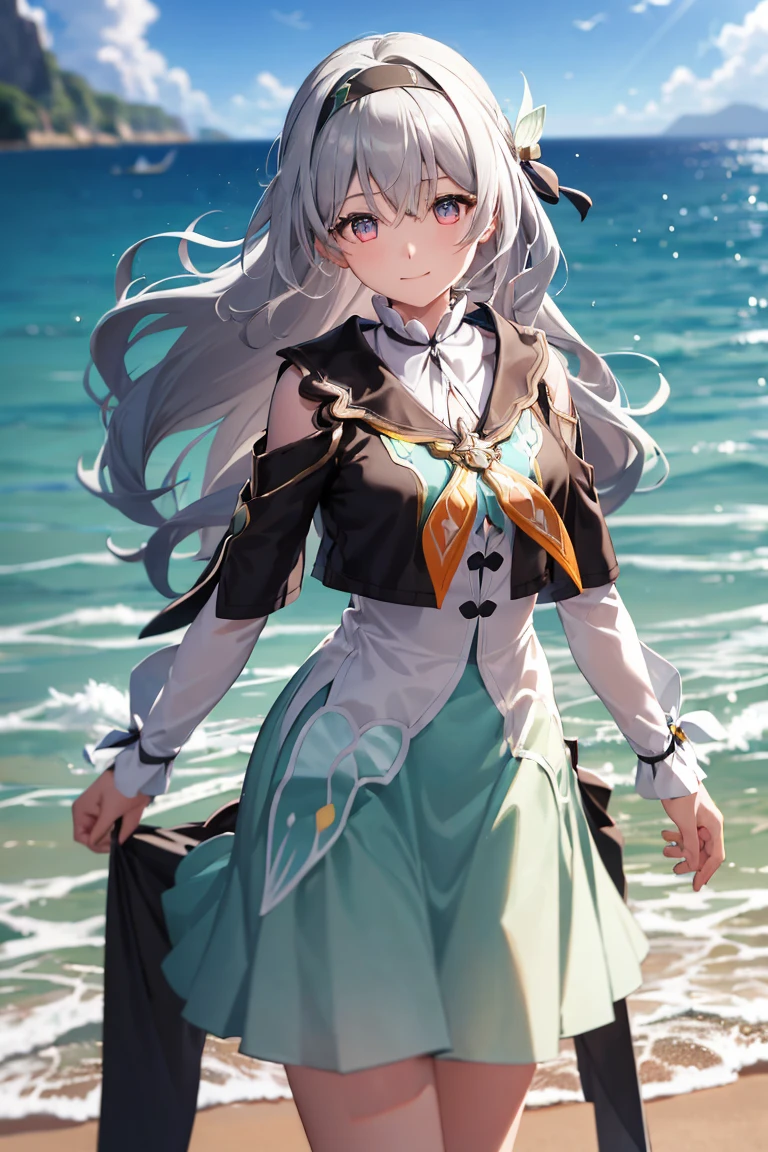 A girl came out of the sea, 1 Girl,Liuying,Gray hair,Bangs,Long sleeve,Hair accessories,Black jacket,Black hair band,high quality,Green Dress,High Leg Raise,skirt, Half a smile, A gentle expression on his face, Background seascape and sunlight, Seagulls in the sky, full length,  Photorealism