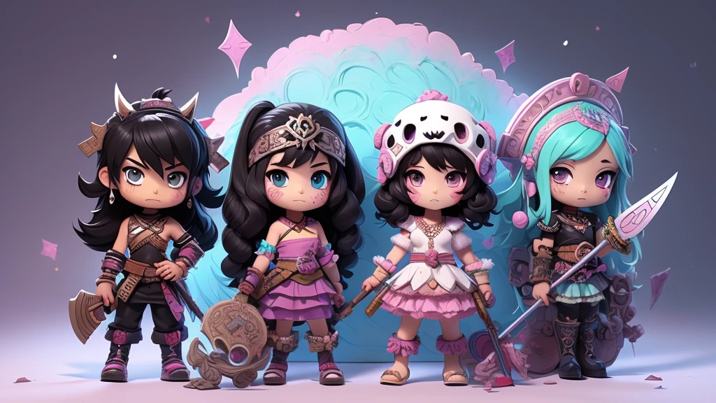 Black and white, zombie mayan warrior holding punk gothic weapons. black hair brunette, dream pastel anime. pastel kawaii tech colors, moecore. chibicore. Cute and soft shoujo anime style.